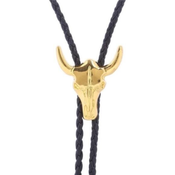 Native American Bolo Leather Necktie Black Gold - Picture 3 of 4